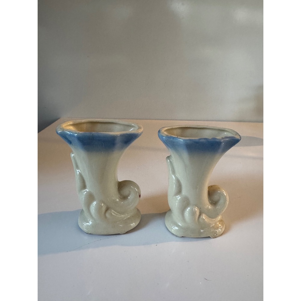 Vintage Ceramic Cornucopia Vase Pair Cream Blue Ombre Horn of Plenty Set of 2